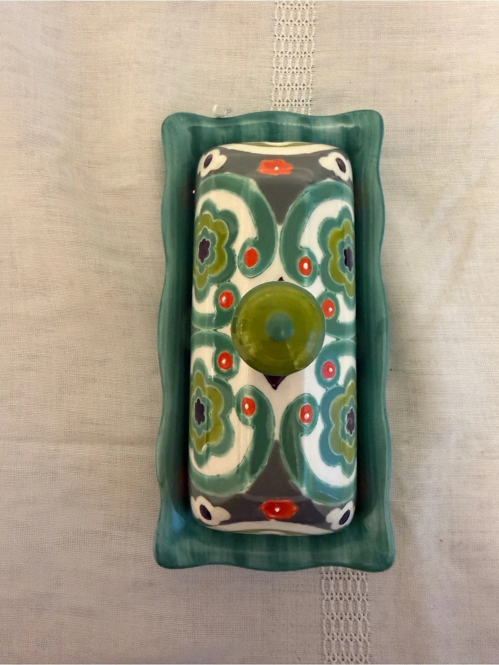 Anthropologie Colorful Floral Ceramic Covered Butter Dish Teal Green Boho